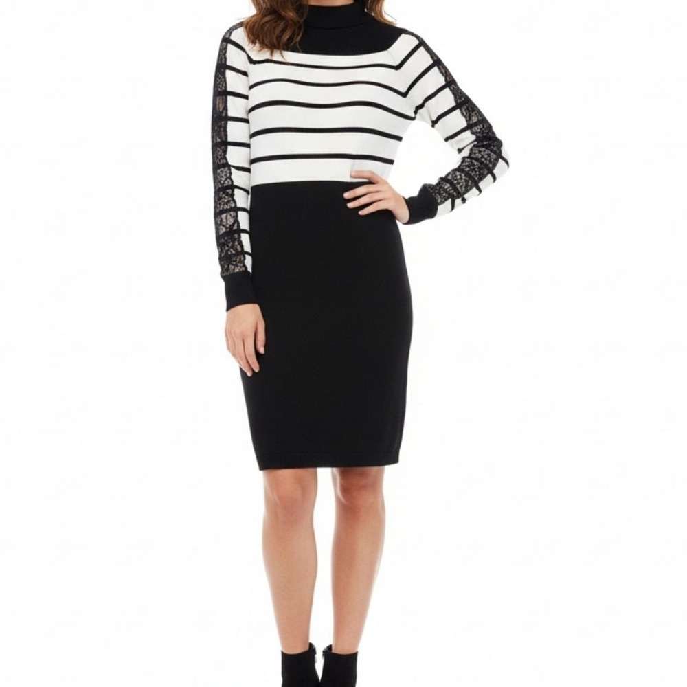 The Limited Womens Small Black White‎ Striped Sweater Dress Lace Detail Hem